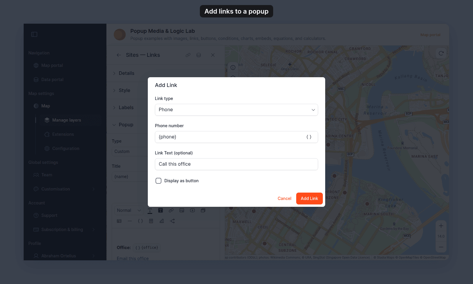 Add Link dialog with Link type set to Phone, {phone} in Phone number, and Call this office in Link Text (optional)