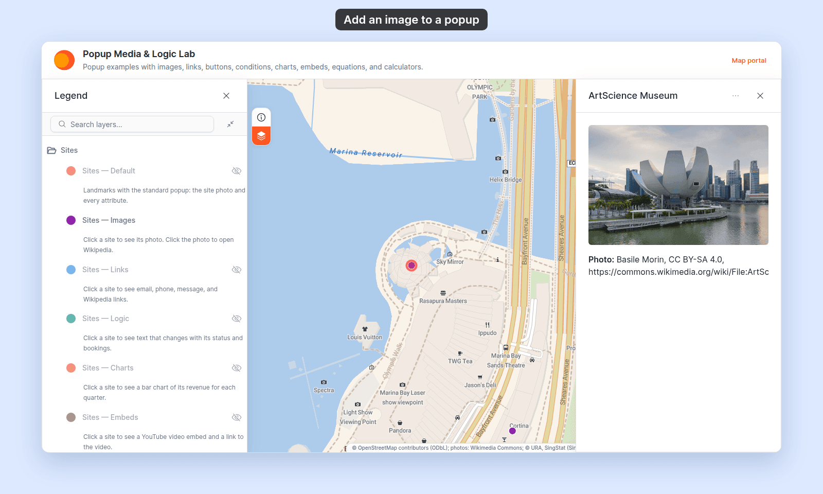 Map viewer with the ArtScience Museum popup open, showing the site photo and the Photo: credit line below it