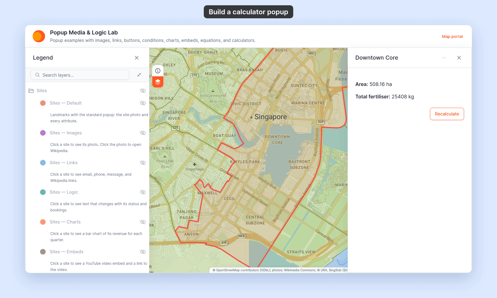 Map viewer with the calculator popup open on the Downtown Core planning area after Calculate: Area: 508.16 ha, Total fertiliser: 25408 kg, and a Recalculate button