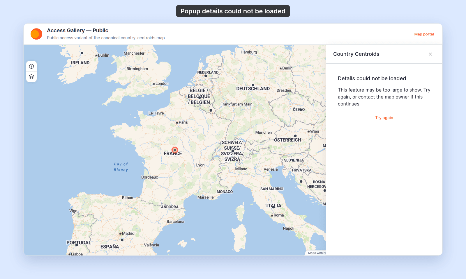 The Country Centroids panel on the right of a map shows Details could not be loaded, the message This feature may be too large to show. Try again, or contact the map owner if this continues., and a Try again button