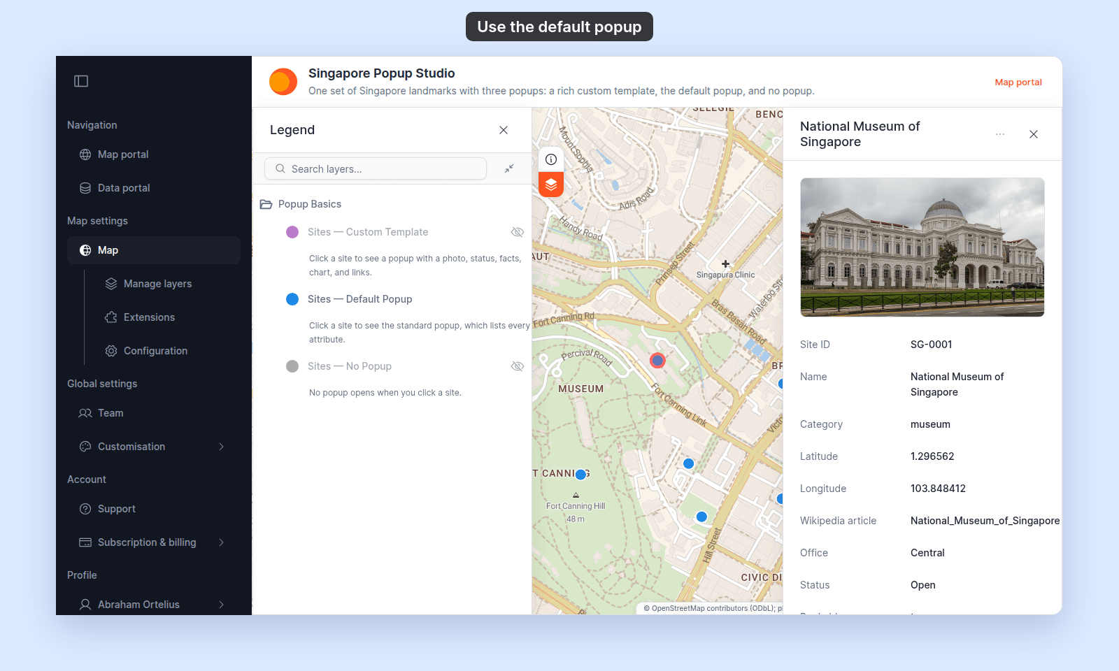 Default popup for National Museum of Singapore, open on the map: a site photo at the top, then a list of attributes with their aliases, such as Site ID, Name, Category, Latitude, Office, Status, and Photo credit