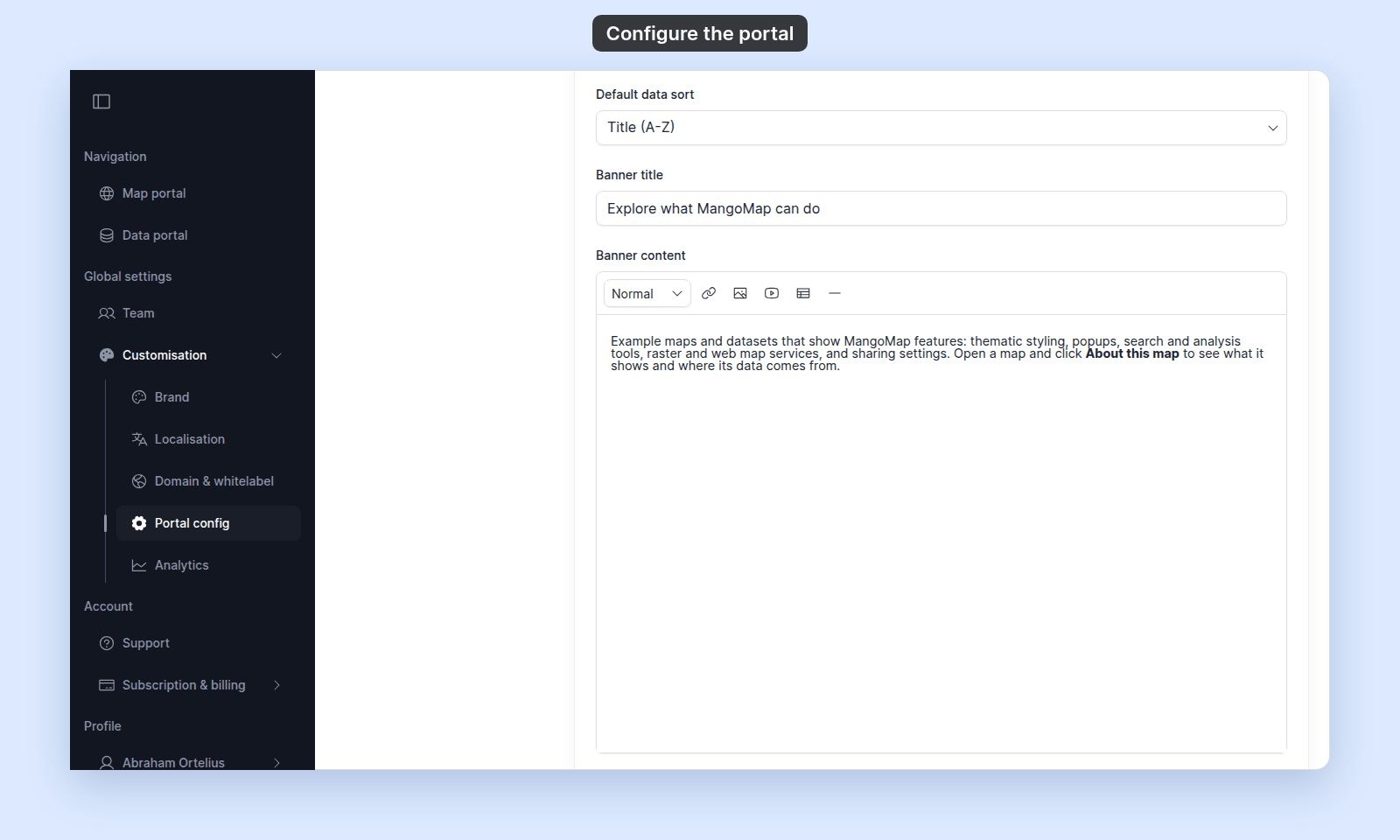 Portal details with Banner title set to Explore what MangoMap can do, and the Banner content editor with its formatting toolbar (Normal text style, link, image, YouTube, table, and horizontal rule) and the banner text