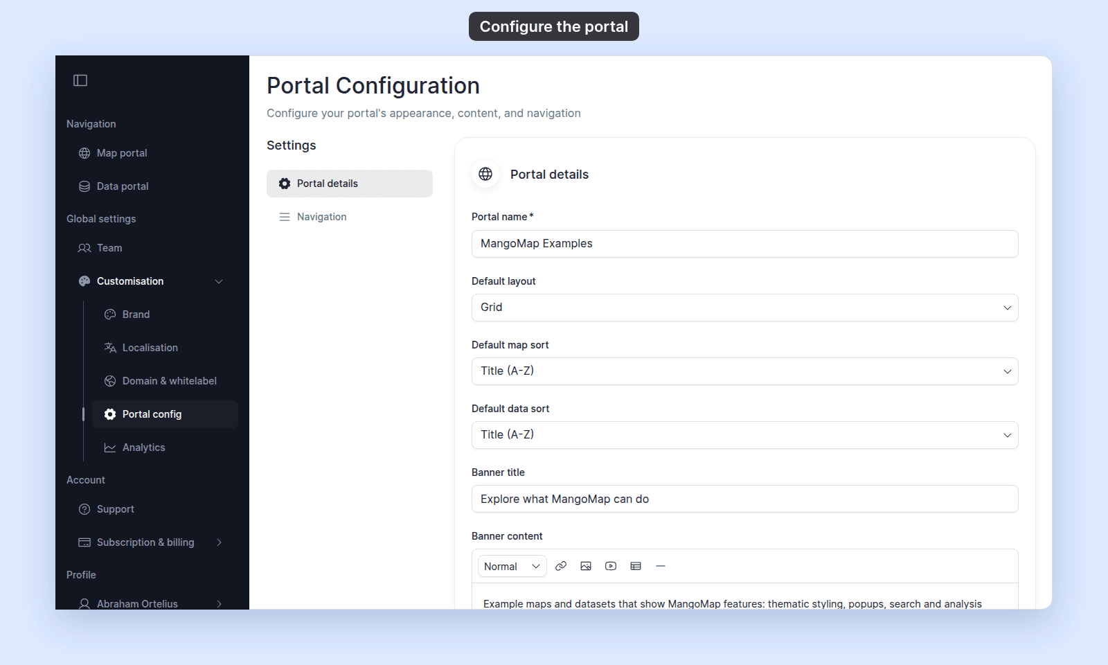 Portal Configuration page with Portal config selected under Customisation, and Portal details showing Portal name, Default layout, Default map sort and Default data sort set to Title (A-Z), Banner title, and Banner content
