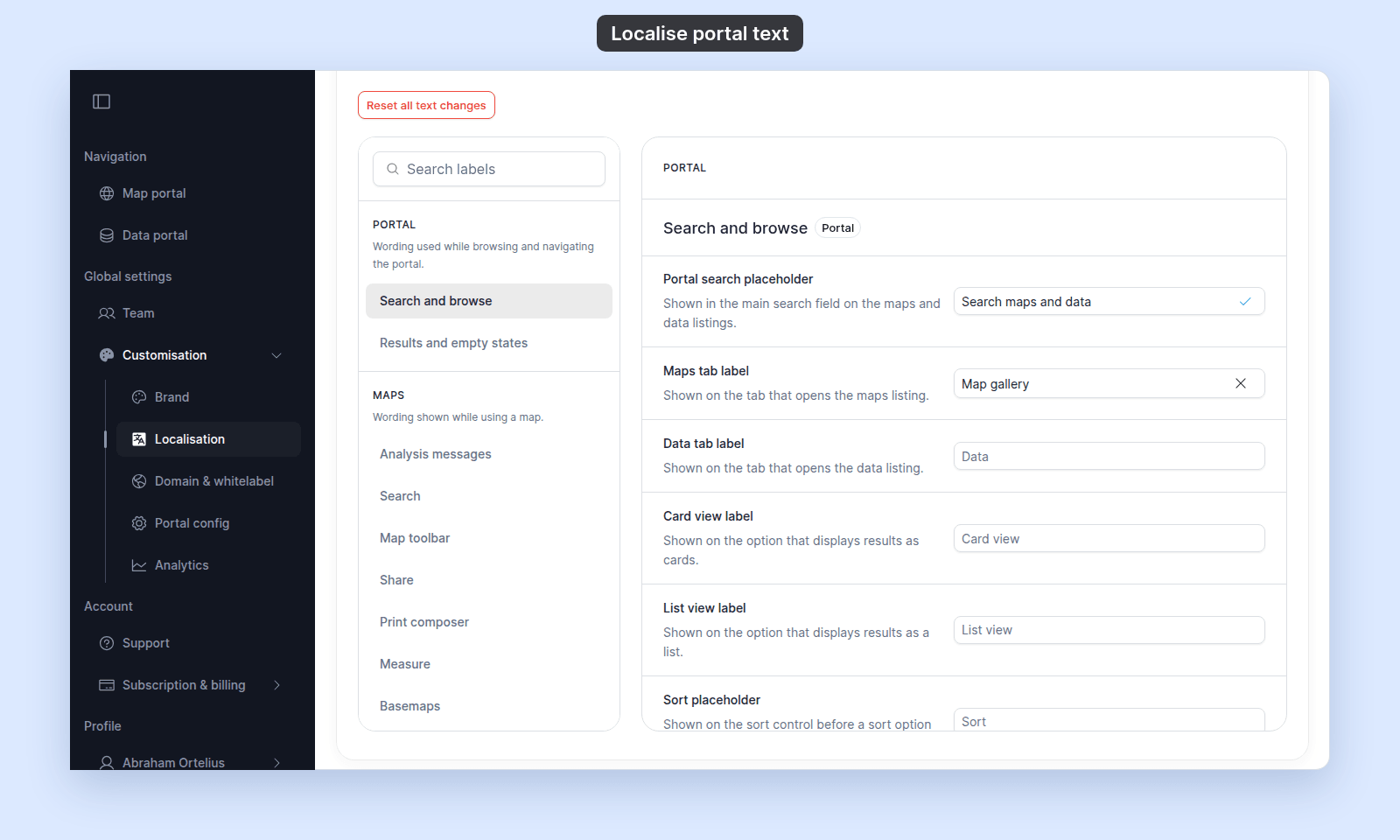 Search and browse labels in the detail panel. Portal search placeholder shows Search maps and data with a green check after it saves, Maps tab label shows Map gallery with an X to clear it, and Data tab label is empty with its original text Data as the placeholder