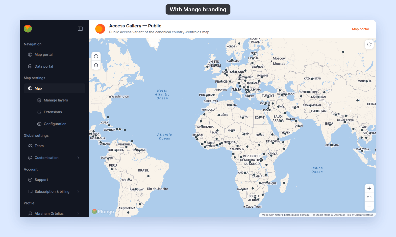 Access Gallery — Public map opened by the account owner, with the Mango logo at the top of the admin sidebar and the Mango badge at the bottom left of the map