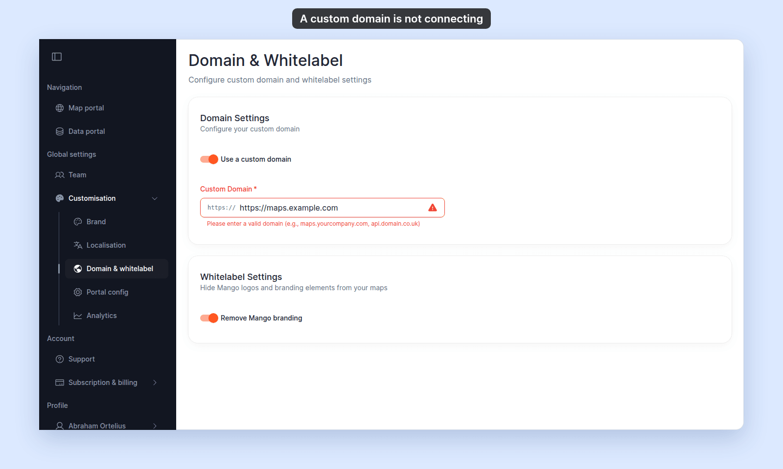 Domain Settings with https://maps.example.com typed in the Custom Domain field, a red warning icon, and the message Please enter a valid domain (e.g., maps.yourcompany.com, api.domain.co.uk)