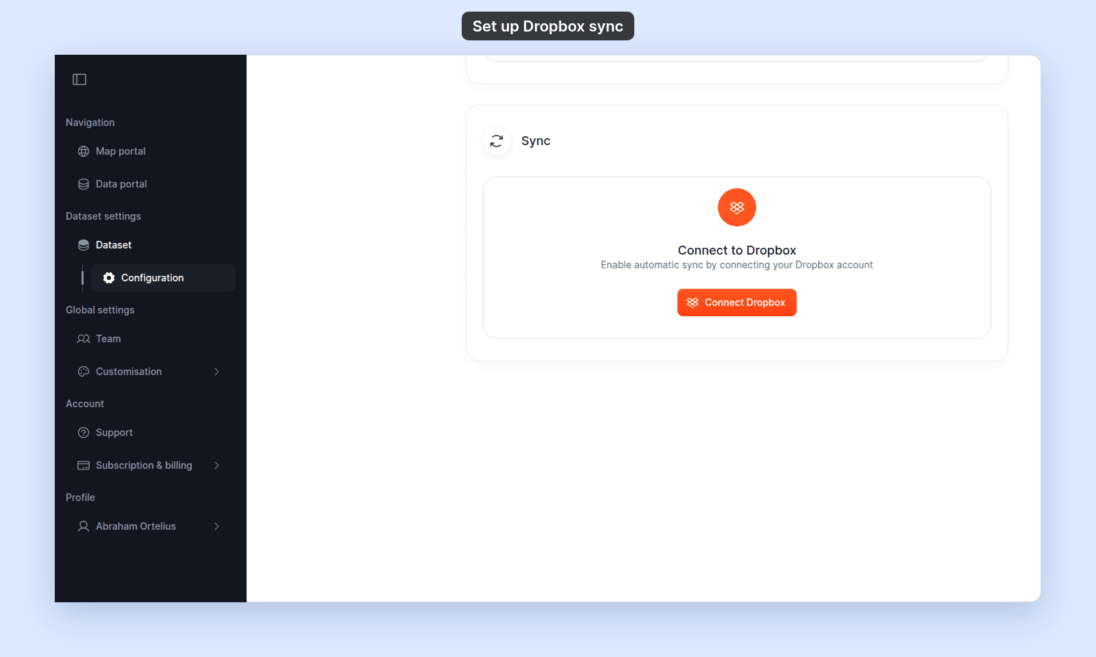 Sync section of the US State Capitals (Dropbox) dataset settings: a Connect to Dropbox card with the text Enable automatic sync by connecting your Dropbox account and a Connect Dropbox button