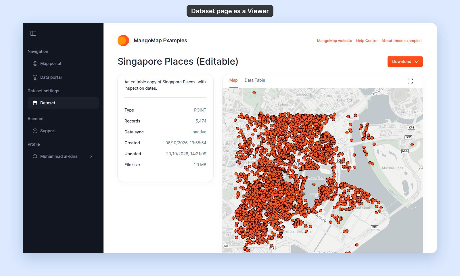 Dataset page for Singapore Places (Editable) signed in as Muhammad al-Idrisi, a Viewer: the sidebar shows Dataset with no Configuration item, and the page header has only Download