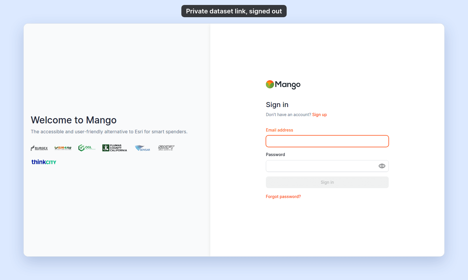 MangoMap Sign in page with Email address and Password fields, shown to a signed-out visitor who opened the link of a dataset that is not public