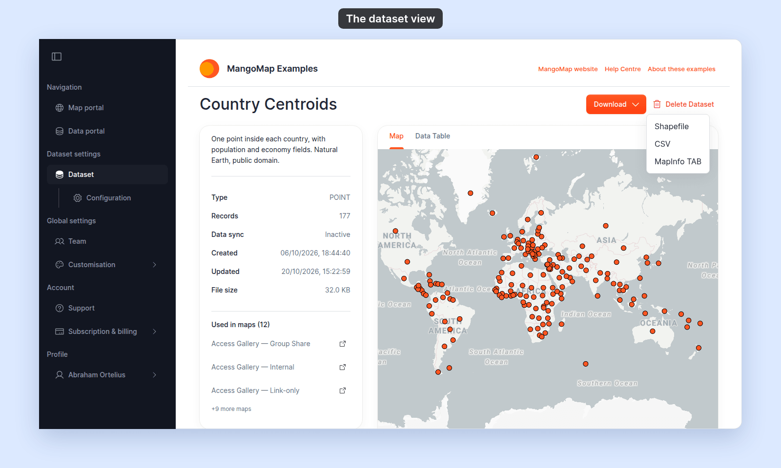 The Download menu open on the Country Centroids dataset view, with Shapefile, CSV, and MapInfo TAB