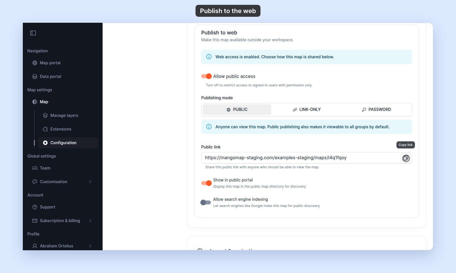 Publish to web section with Allow public access on, Publishing mode Public, and the Public link with its Copy link button