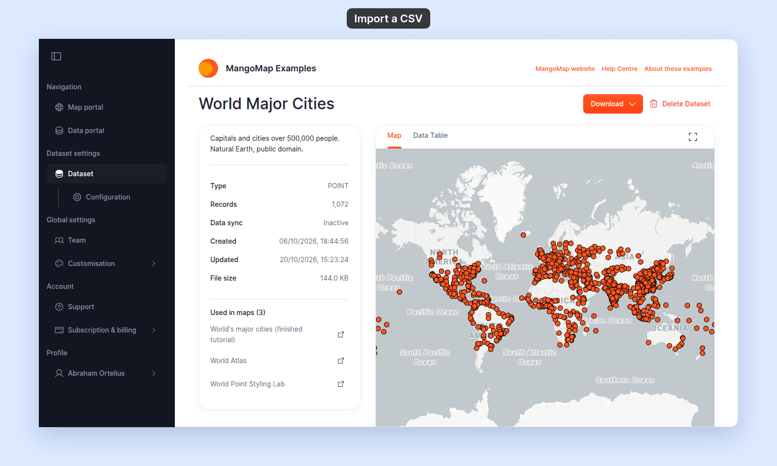 Dataset page for World Major Cities with Type POINT, Records 1,072, and the Map tab showing the city points on a world map
