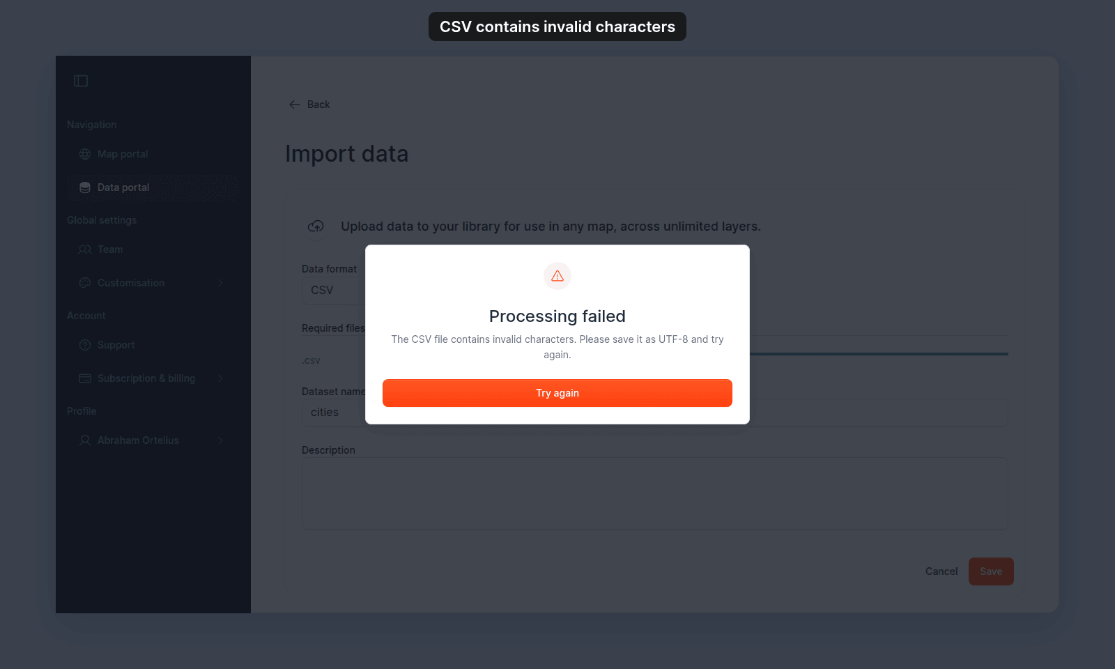 Processing failed dialog over the Import data page, with the invalid-characters message and a Try again button