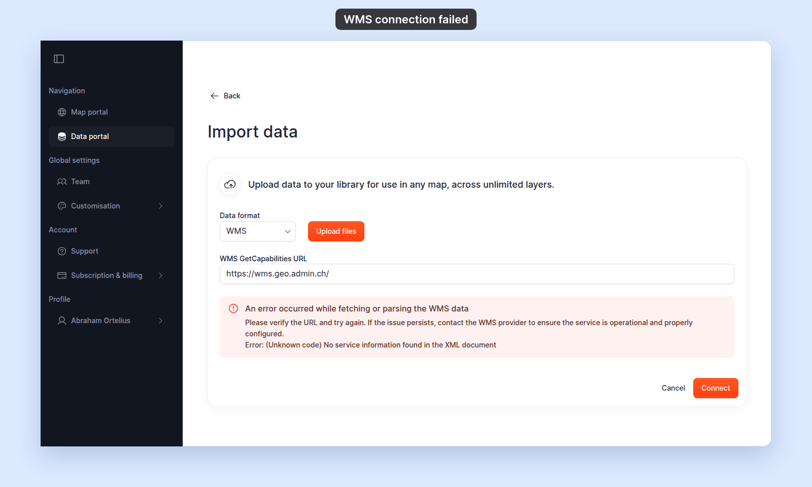 Import data page with Data format WMS, the URL https://wms.geo.admin.ch/, and the alert An error occurred while fetching or parsing the WMS data, ending Error: (Unknown code) No service information found in the XML document