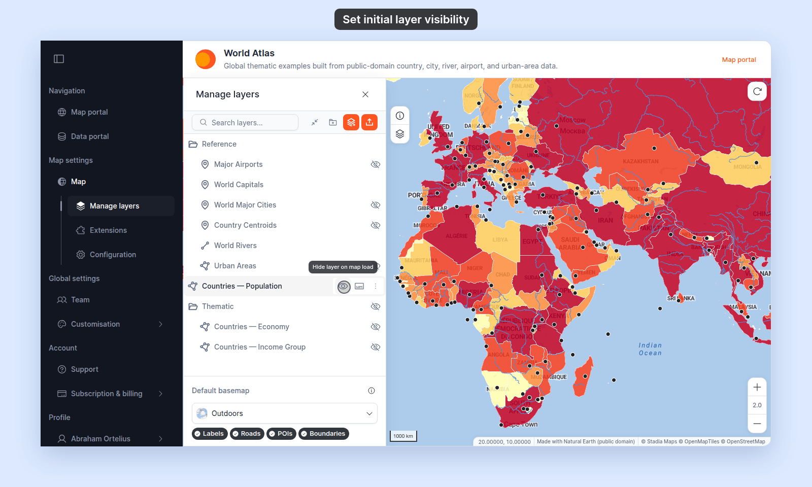 Manage layers panel on World Atlas with the pointer on the open eye of Countries — Population and its tooltip Hide layer on map load. Countries — Economy, Countries — Income Group, and their Thematic folder show the eye-with-slash icon; the map shows only the population colours