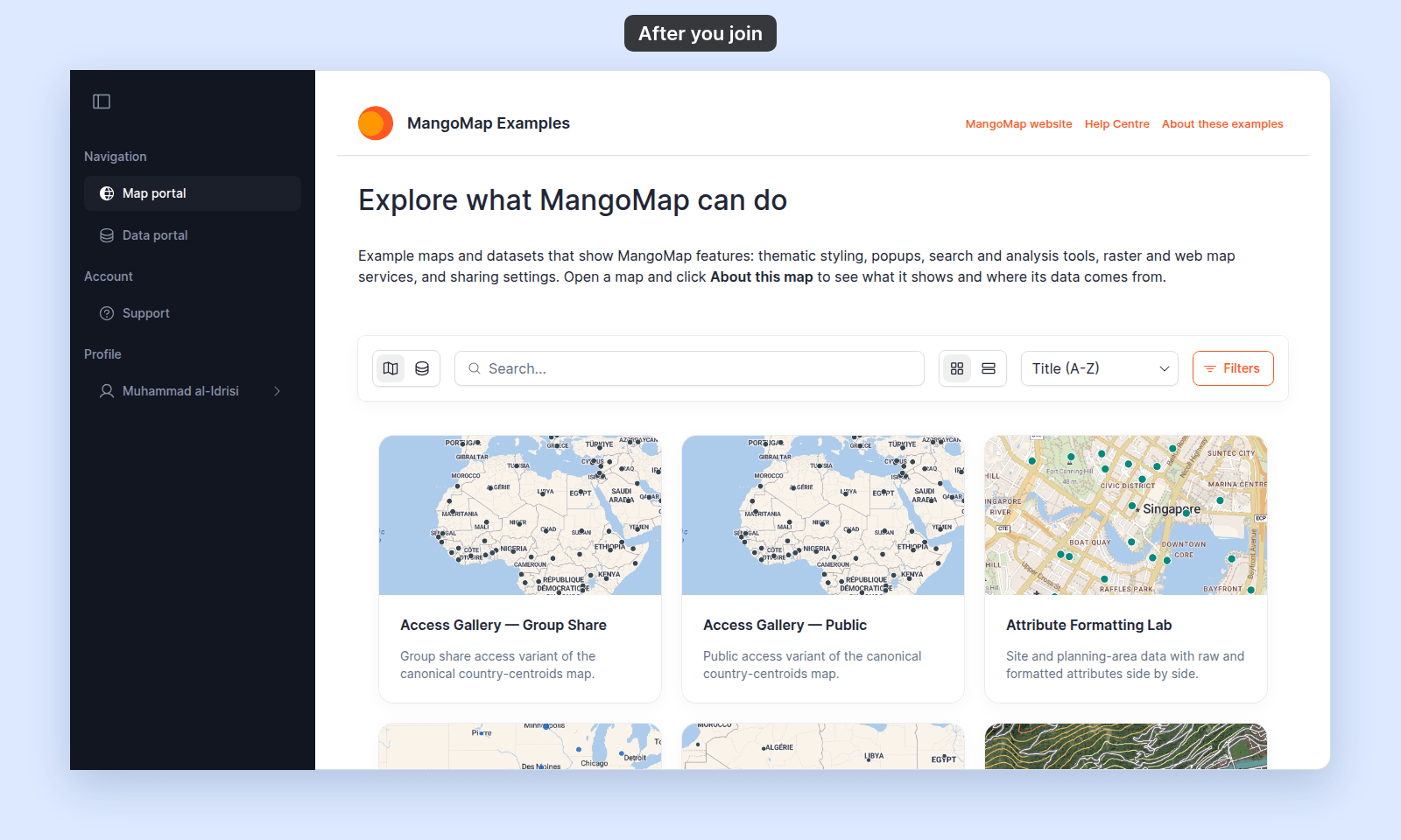 Map portal of the MangoMap Examples account for a new Viewer, Muhammad al-Idrisi: map cards such as Access Gallery — Group Share and Access Gallery — Public, and the navigation with Map portal, Data portal, Support, and the user's name under Profile