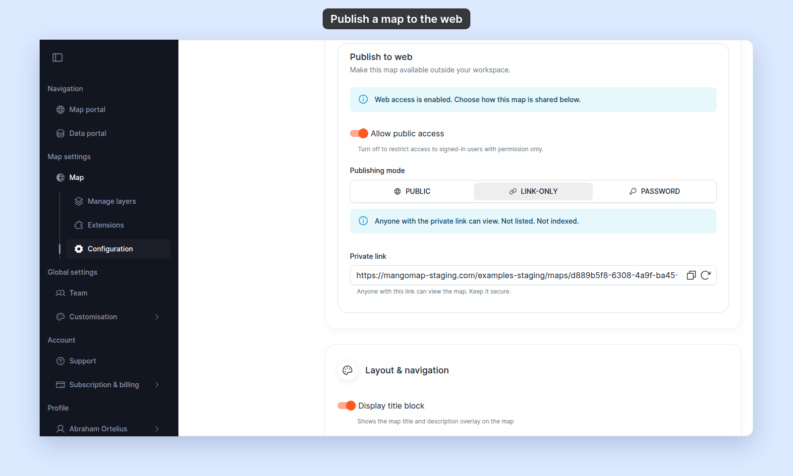 Publish to web card with Allow public access on, Publishing mode Link-only, the note Anyone with the private link can view. Not listed. Not indexed., and the Private link with copy and regenerate buttons