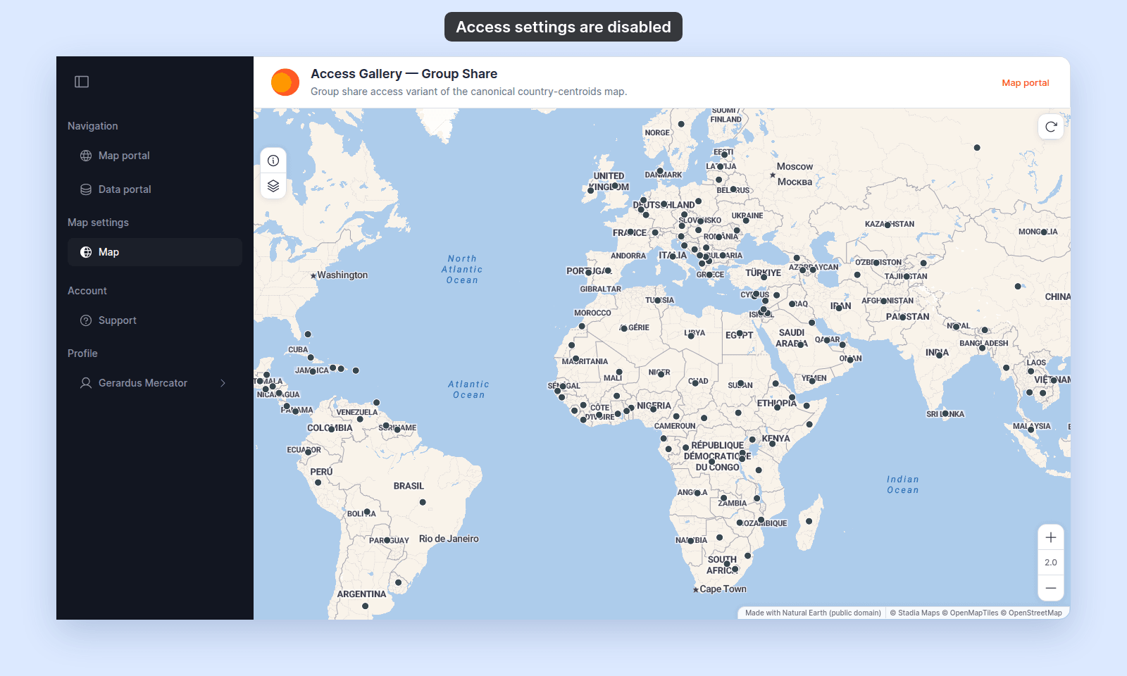 A map opened by Gerardus Mercator, with Map under Map settings in the sidebar and no Manage layers, Extensions, or Configuration items