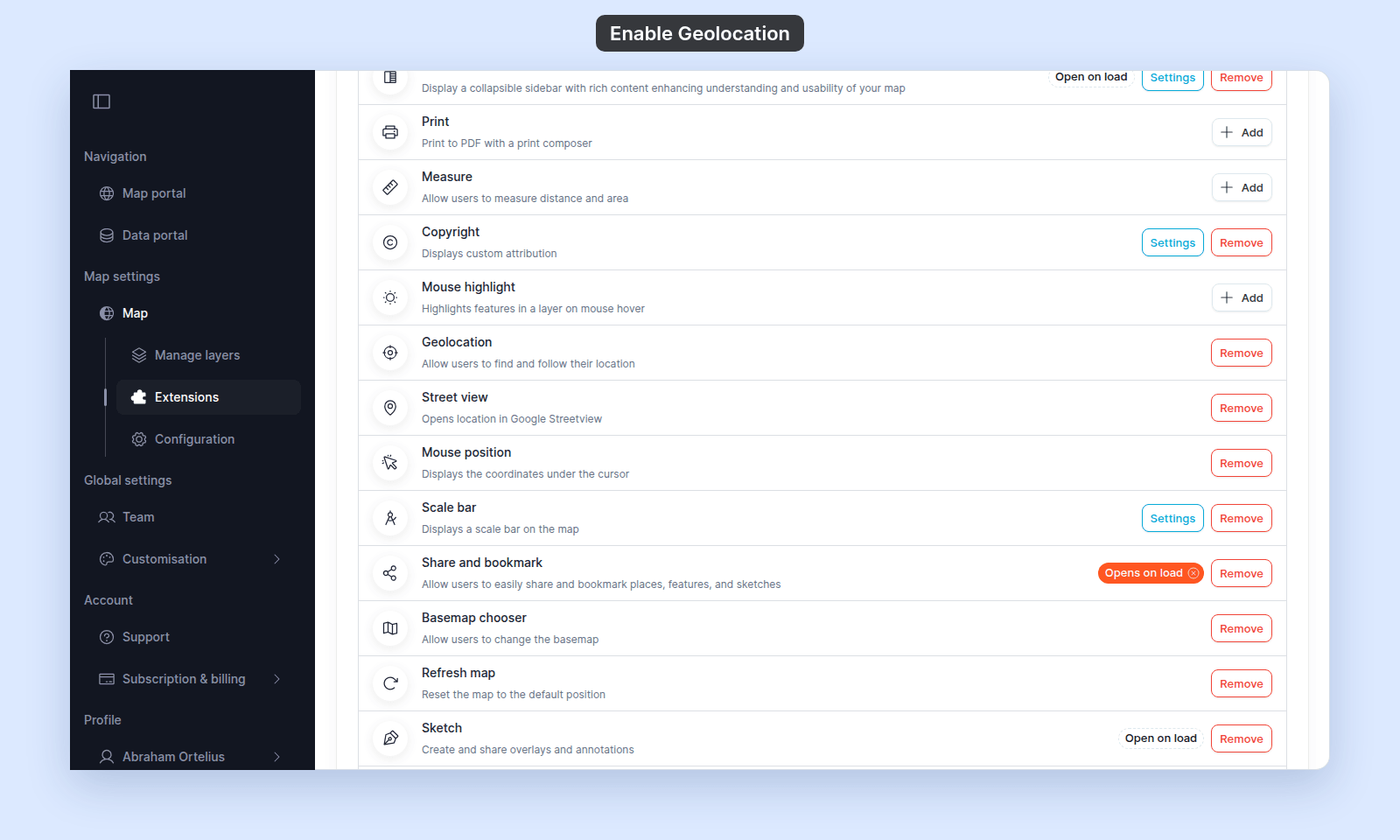 Extensions page with the Geolocation row showing its Remove button, between Mouse highlight and Street view