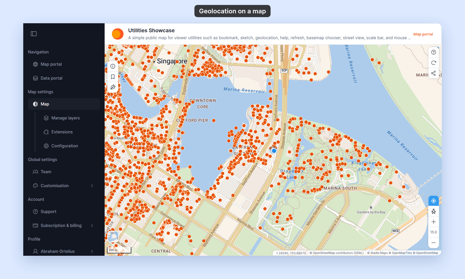 Map viewer centred on a blue location dot at Marina Bay, Singapore, with the My Location button highlighted above the zoom buttons