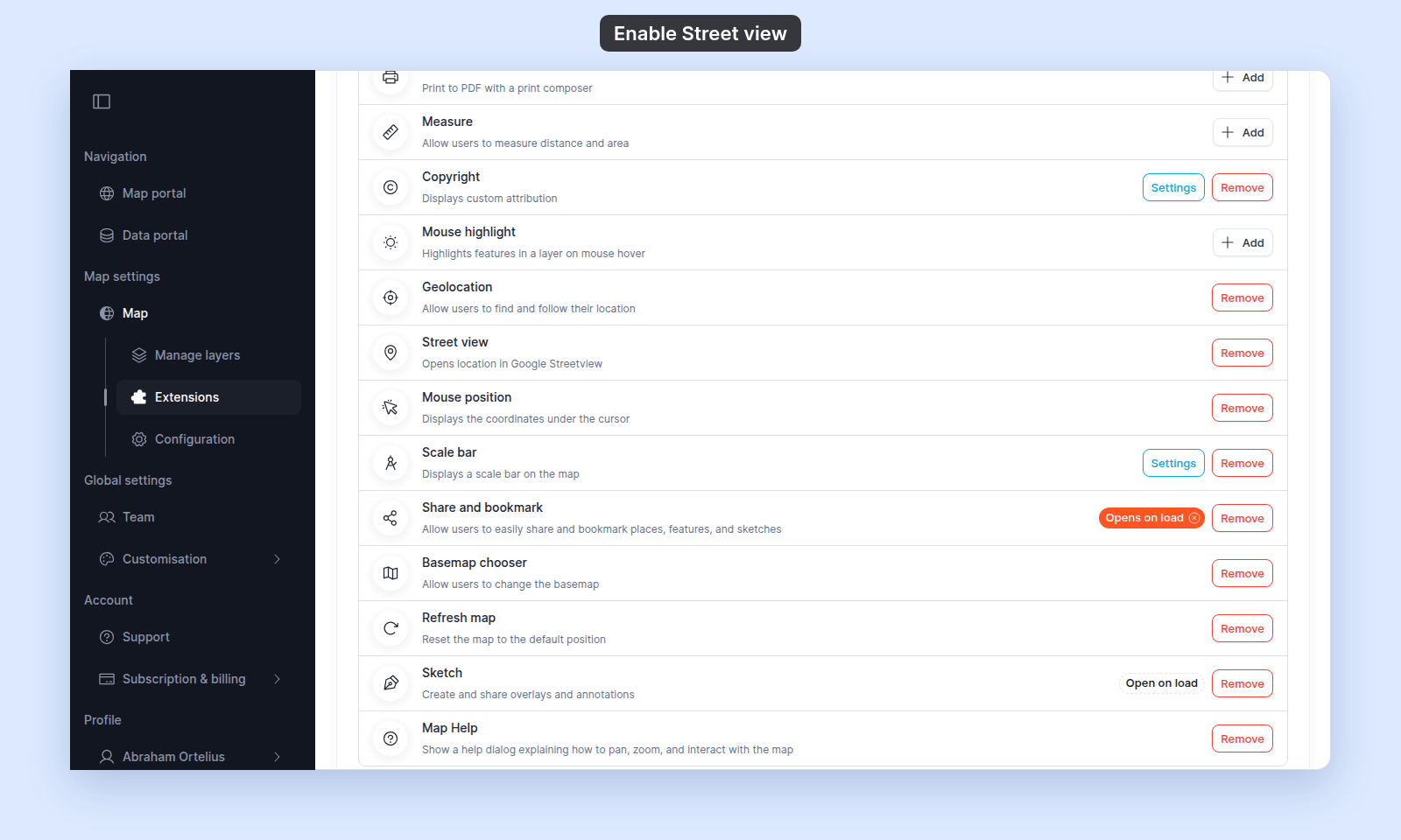 Extensions page with the Street view row showing its Remove button, between Geolocation and Mouse position
