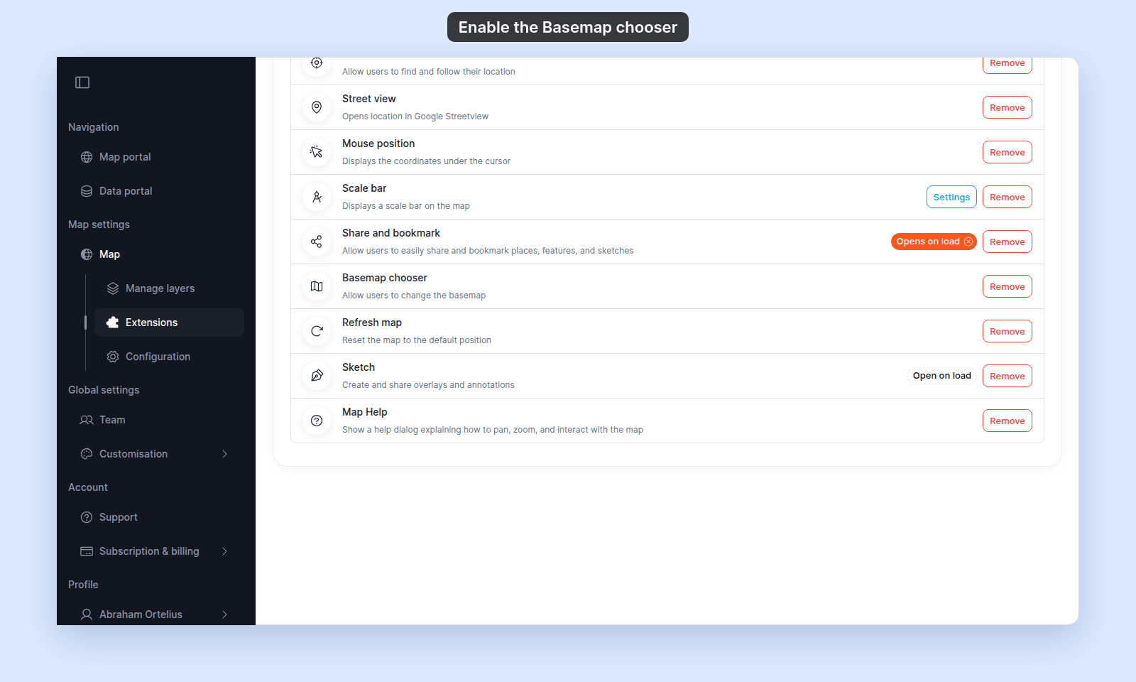 Extensions page with the Basemap chooser row showing its Remove button, between Share and bookmark and Refresh map