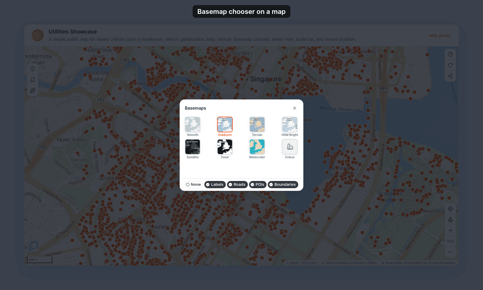 Basemaps dialog with Smooth, Outdoors (highlighted), Terrain, OSM Bright, Satellite, Toner, Watercolor, and Colour, and the overlay chips