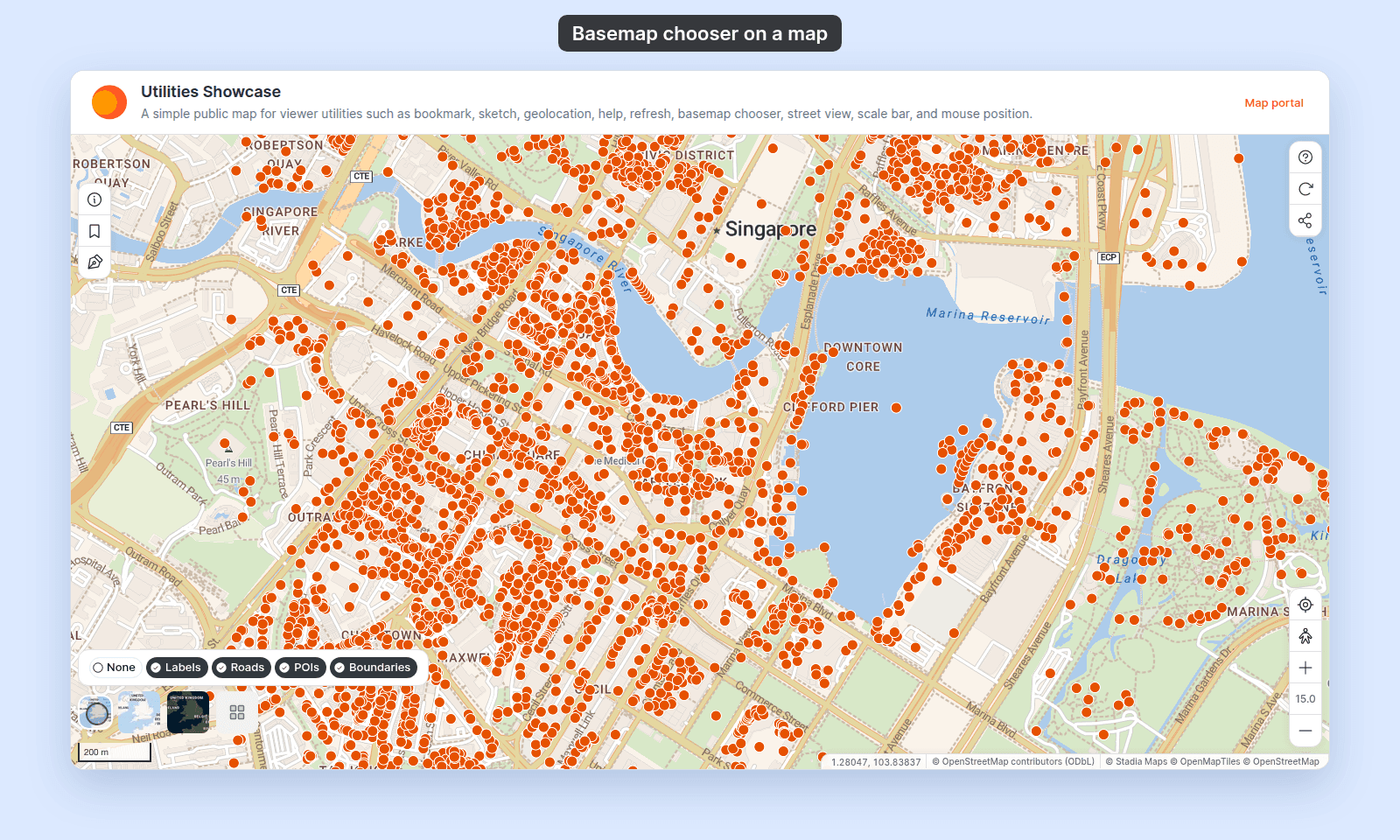 Map viewer with the basemap chooser open at the bottom left: a strip of basemap tiles ending in a More tile, and the None, Labels, Roads, POIs, and Boundaries chips