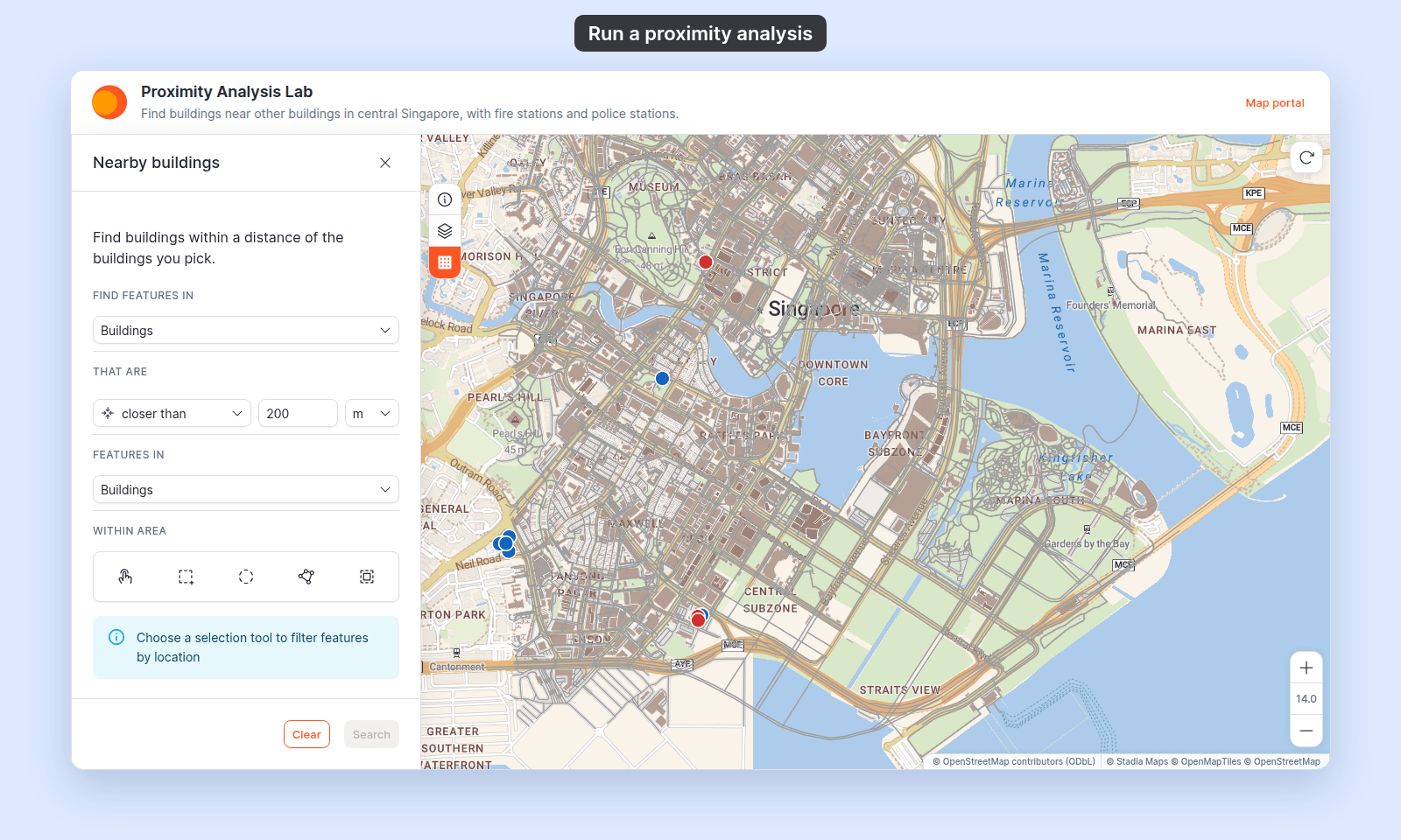 Proximity panel Nearby buildings in the viewer: Find features in Buildings, That are closer than 200 m, Features in Buildings, and the Within area selection tools with the hint Choose a selection tool to filter features by location; Search is not clicked yet