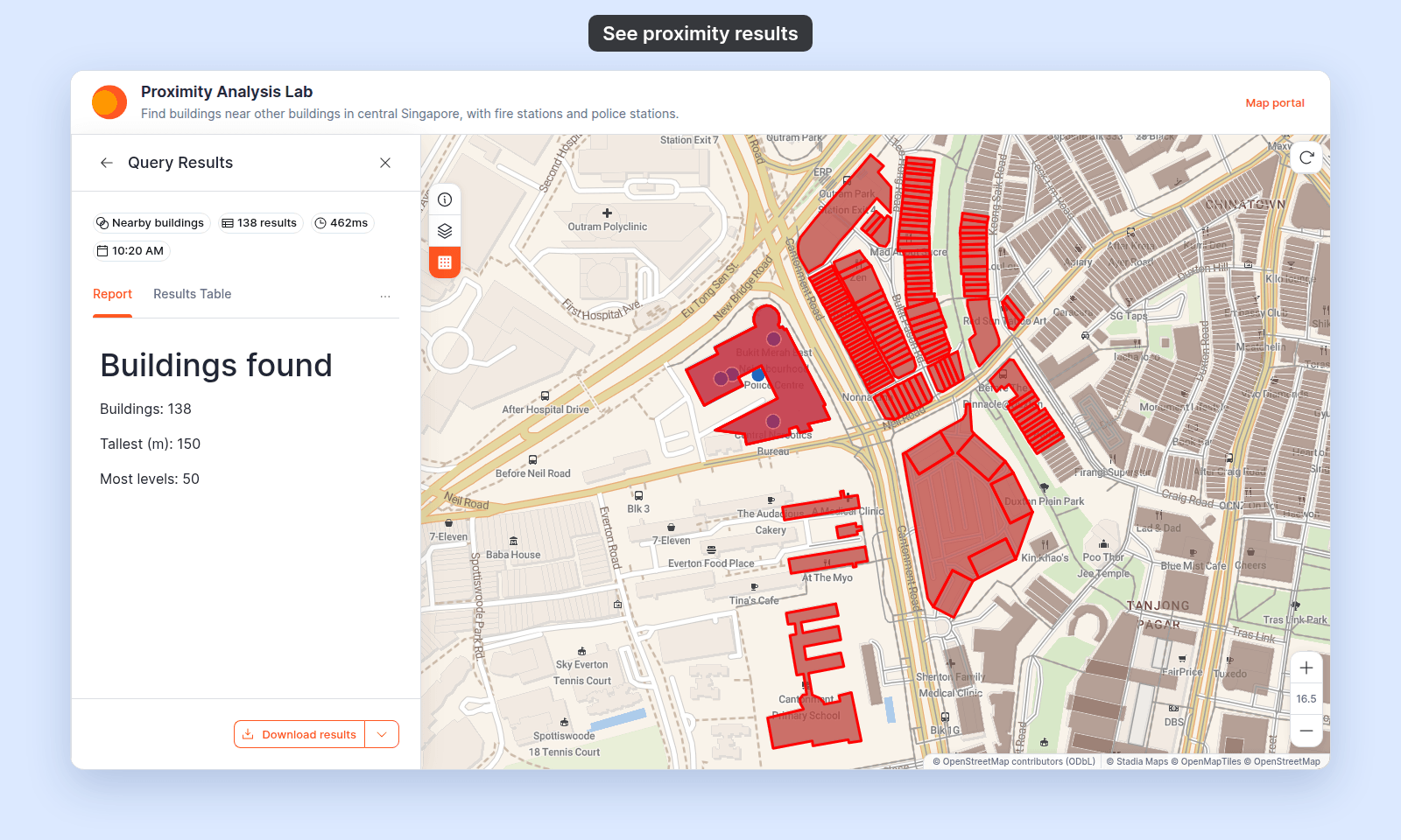 Query Results for Nearby buildings in the viewer: 138 results, the Report tab open with Buildings found, Buildings: 138, Tallest (m): 150, Most levels: 50, and the map zoomed to the buildings within 200 m of the selected Police Cantonment Complex, highlighted in red