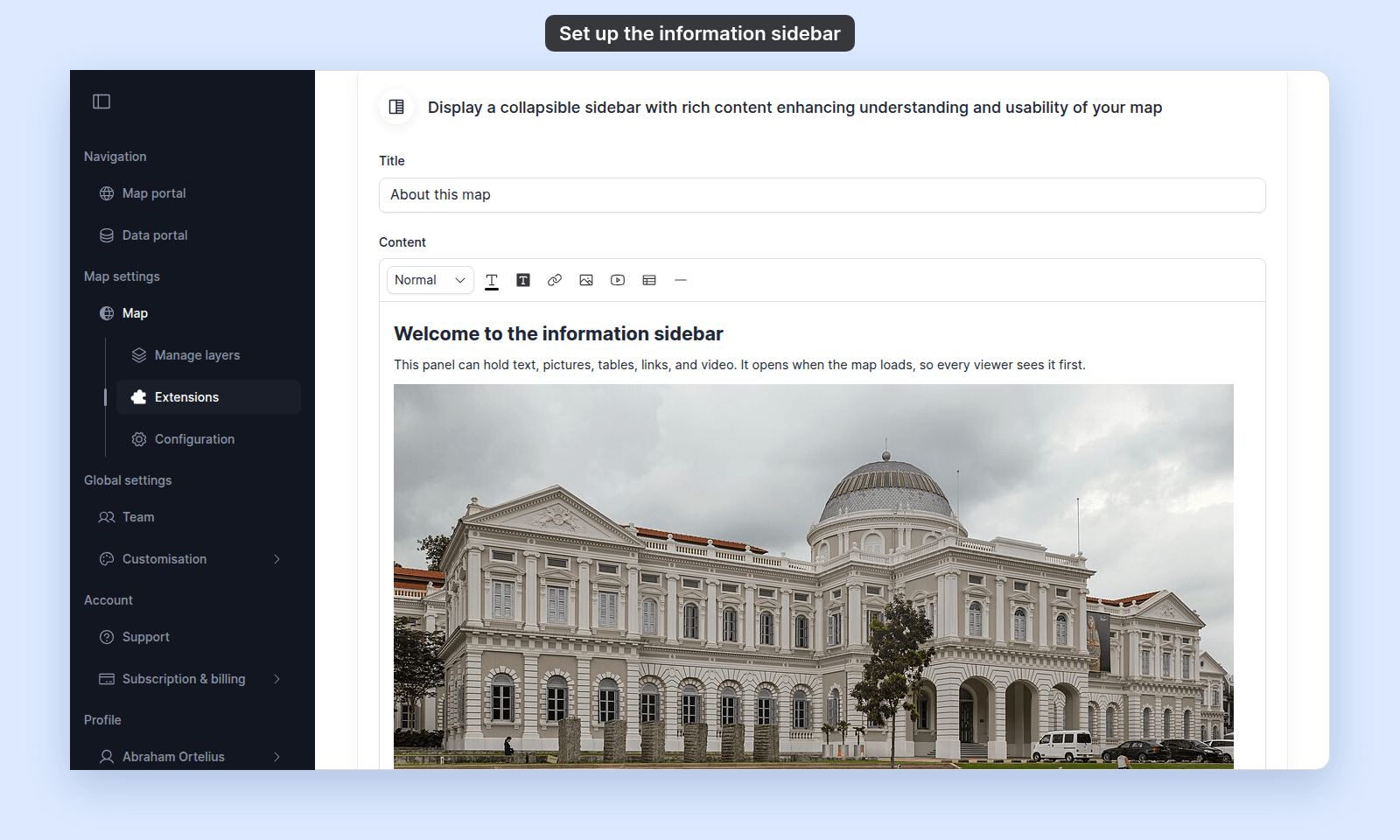 Information sidebar content rich-text editor and its toolbar
