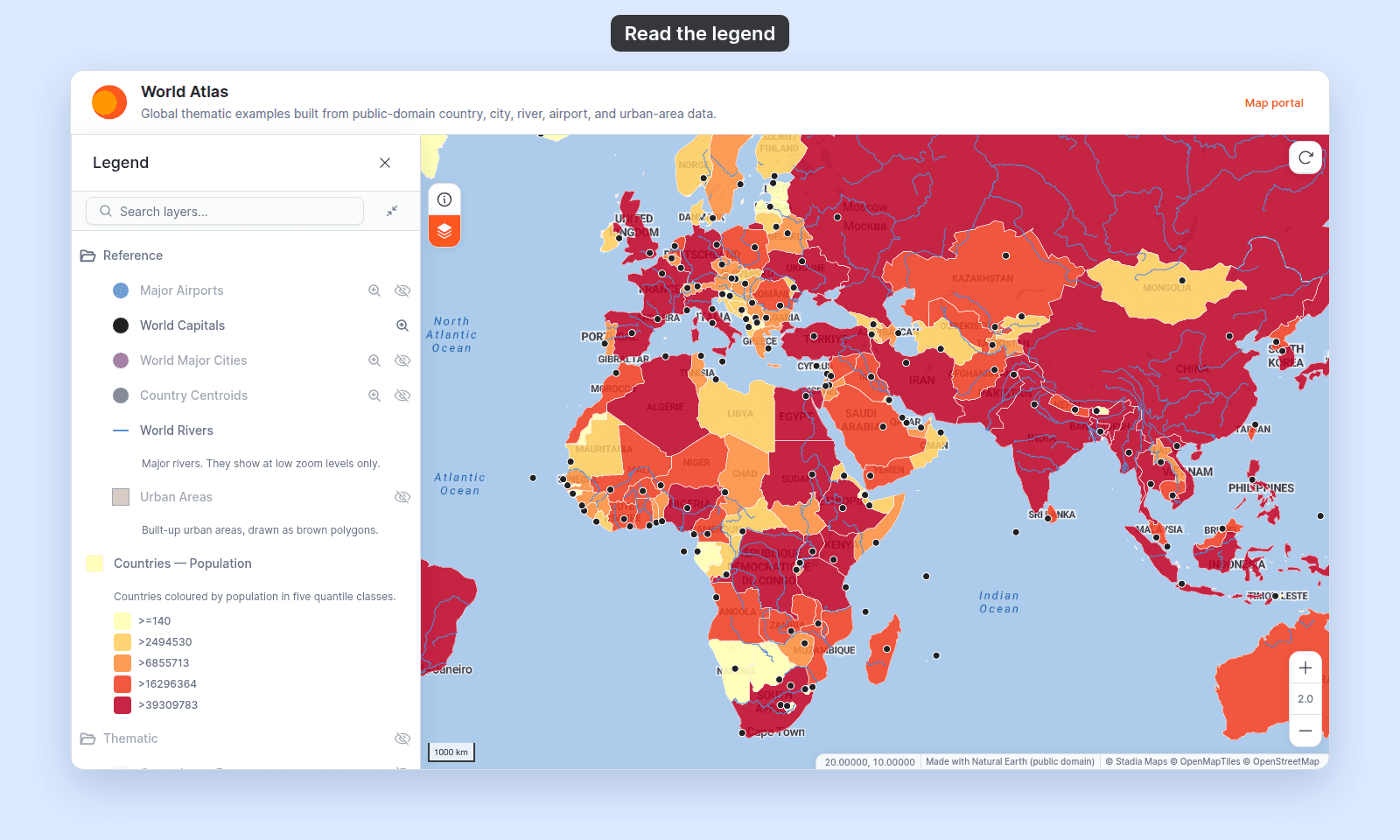 Legend panel open in the viewer on World Atlas, with Search layers, the Reference folder with layer names, swatches, and descriptions, and Countries — Population with its five class swatches