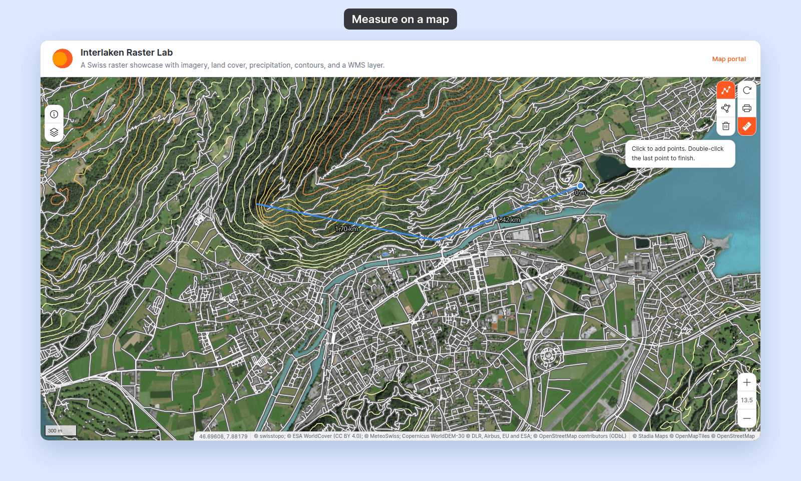 Measure controls open in the viewer with the hint Click to add points. Double-click the last point to finish., and a line in progress on the map with segment lengths of 1.70 km and 1.43 km