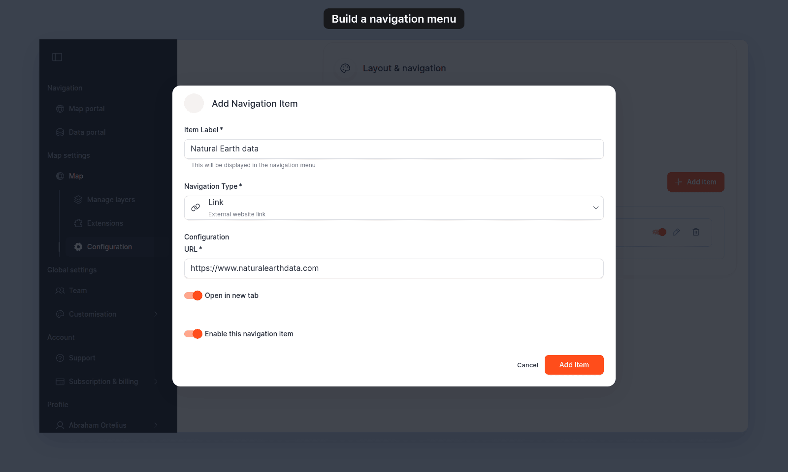Add Navigation Item dialog with Item Label Natural Earth data, Navigation Type Link, a URL field, and the Open in new tab and Enable this navigation item switches on