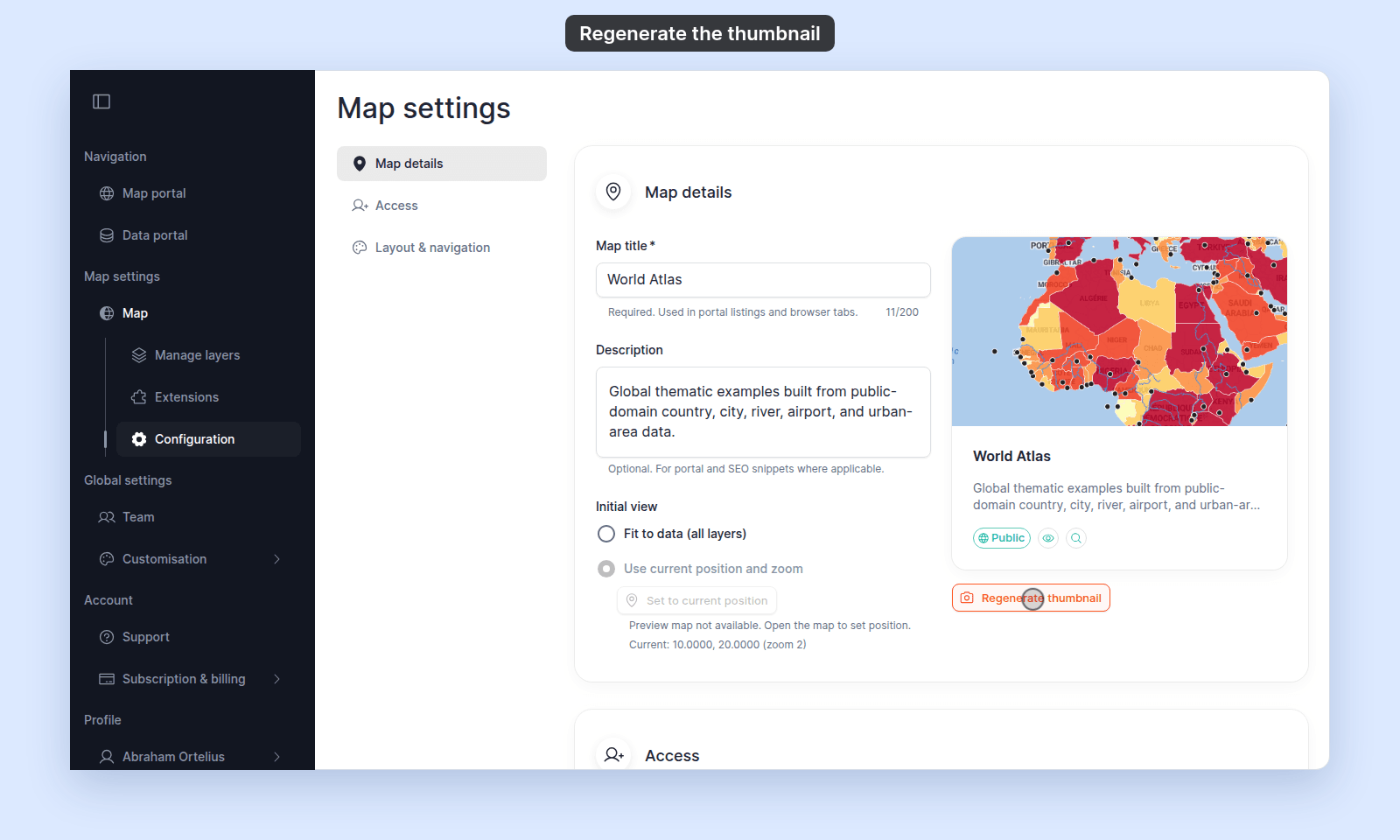Map details section of the Configuration page with the World Atlas preview card on the right and the Regenerate thumbnail button below it