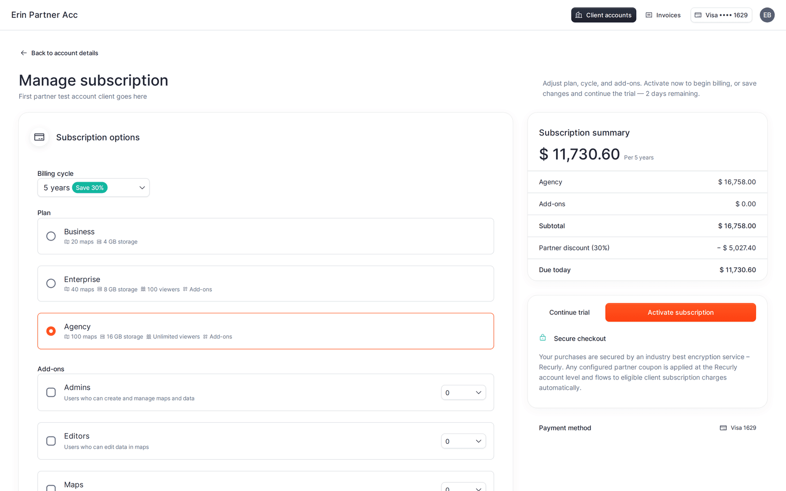 Subscription page for a trial: plan, billing cycle, add-ons, and the summary with Activate subscription