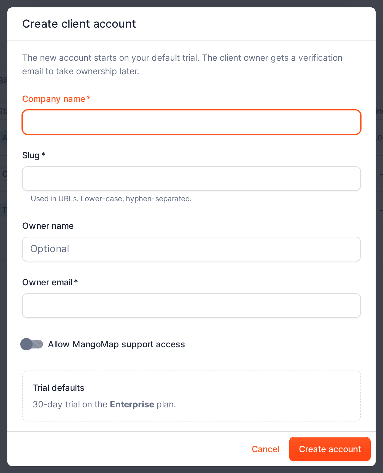 Create client account dialog