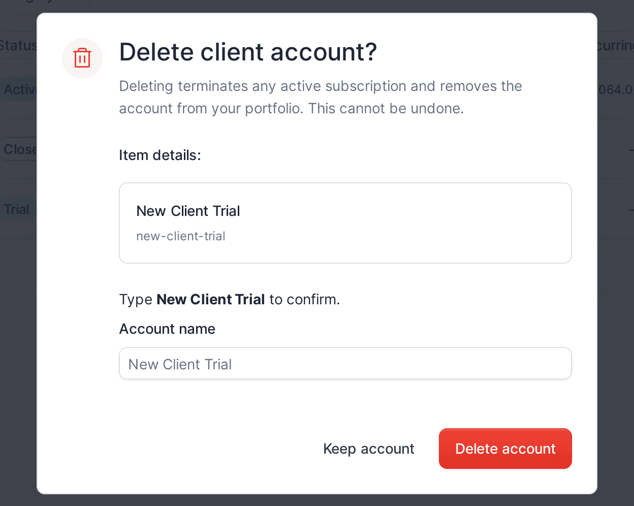 Delete client account? confirmation dialog with type-to-confirm field