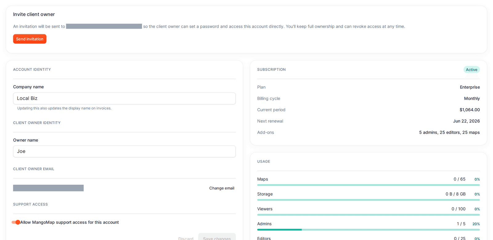 Client account details page with identity, subscription, and usage cards