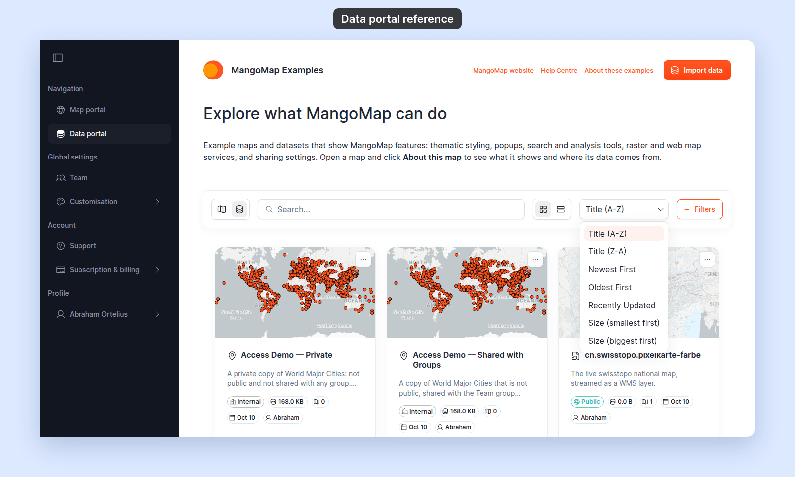 Data portal signed in as the owner, with the MangoMap Examples header and Import data button, the banner, and the search and filters bar. The sort menu is open with Title (A-Z), Title (Z-A), Newest First, Oldest First, Recently Updated, Size (smallest first), and Size (biggest first) above the dataset cards