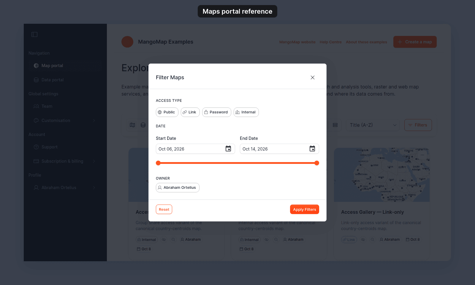 Filter Maps dialog over the Maps portal, with the sections Access type (Public, Link, Password, Internal), Date (Start Date and End Date with a range slider), and Owner (Abraham Ortelius), and the Reset and Apply Filters buttons