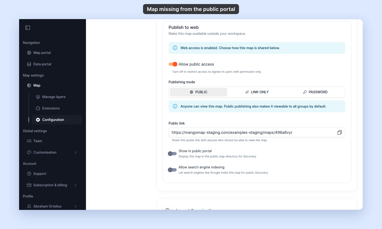 Publish to web card of a map with Allow public access on and Publishing mode Public, but Show in public portal and Allow search engine indexing off