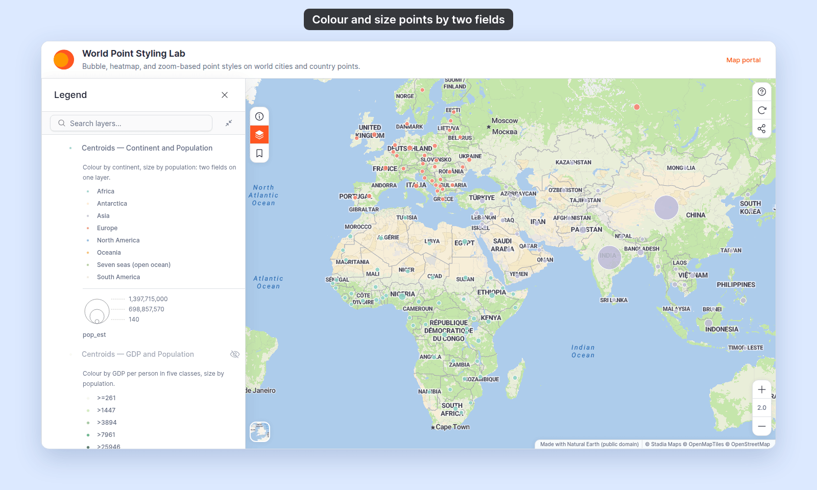 World Point Styling Lab as a viewer sees it with Centroids — Continent and Population on: country points in a colour per continent and sized by population, and the legend entry showing the eight continent swatches with a size key of three circles below them