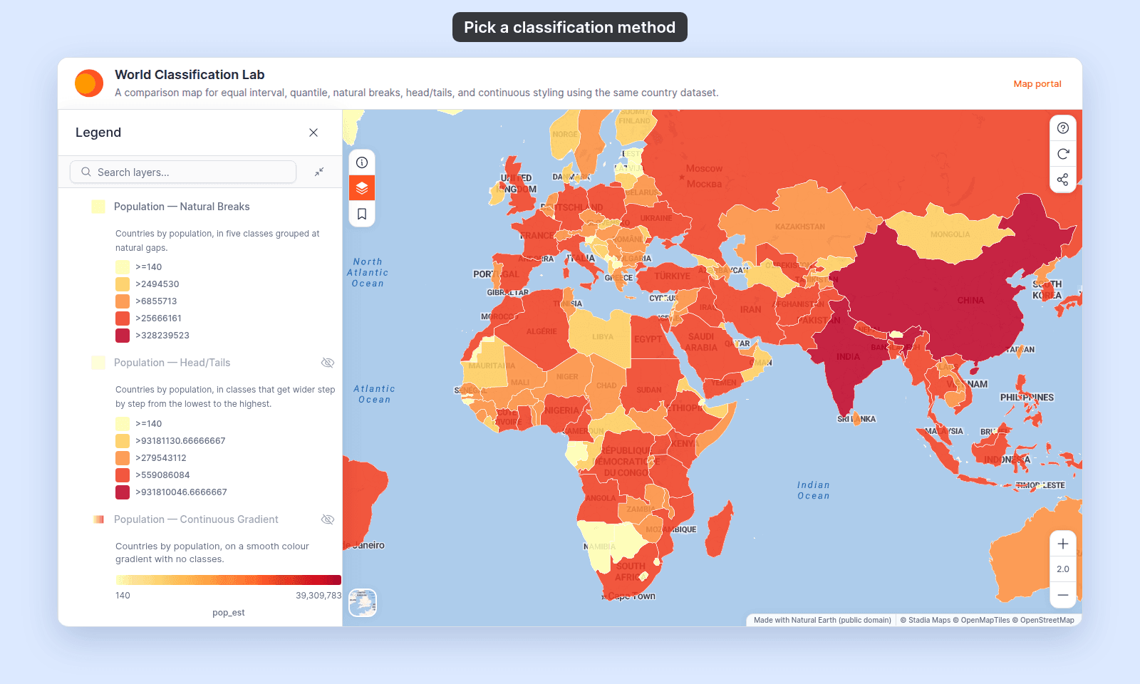 World Classification Lab with Population — Natural Breaks shown: many countries are orange or red and China and India are dark red; the legend lists the classes >=140, >2494530, >6855713, >25666161, and >328239523
