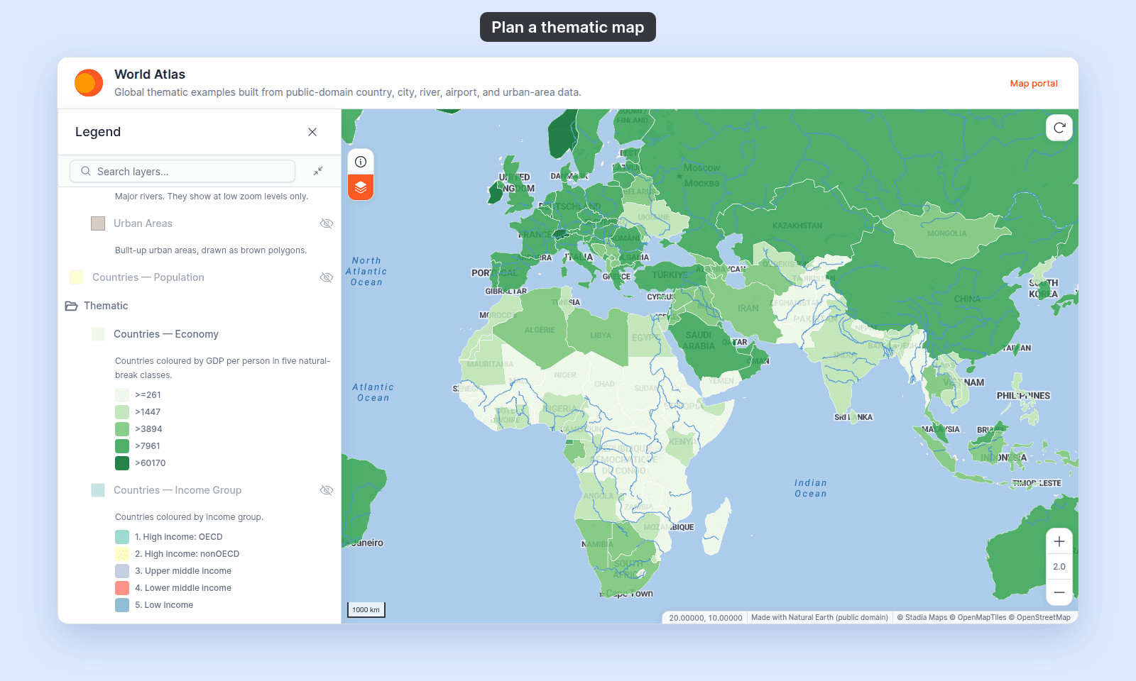 World Atlas as a viewer sees it, with Countries — Economy shown: countries in five shades of green from pale to dark, with much of Europe, Saudi Arabia, and Australia darker and much of Africa and South Asia paler; the legend lists the classes >=261, >1447, >3894, >7961, and >60170