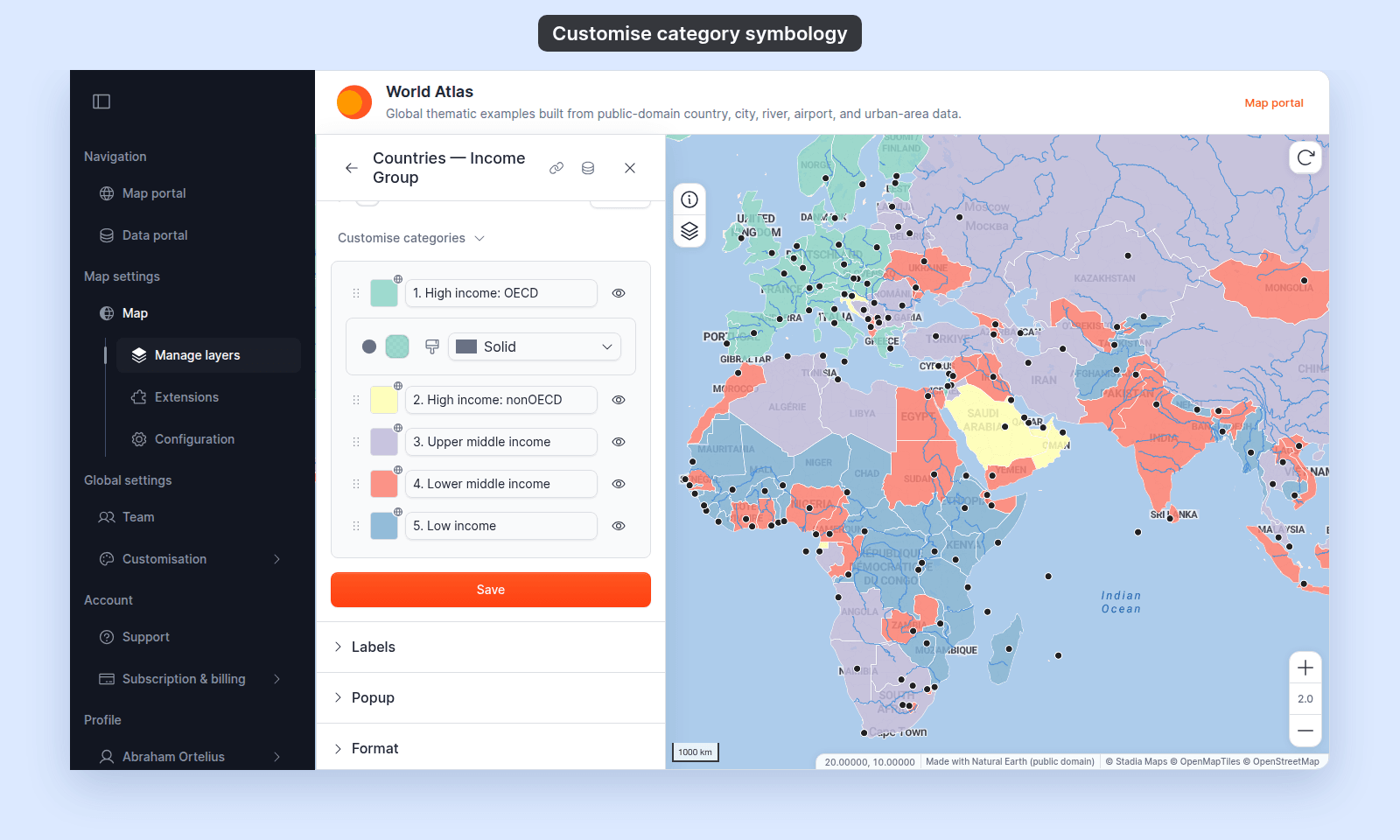 Customise categories on the Countries — Income Group polygon layer with the first row's swatch settings open: fill colour and the fill pattern list set to Solid