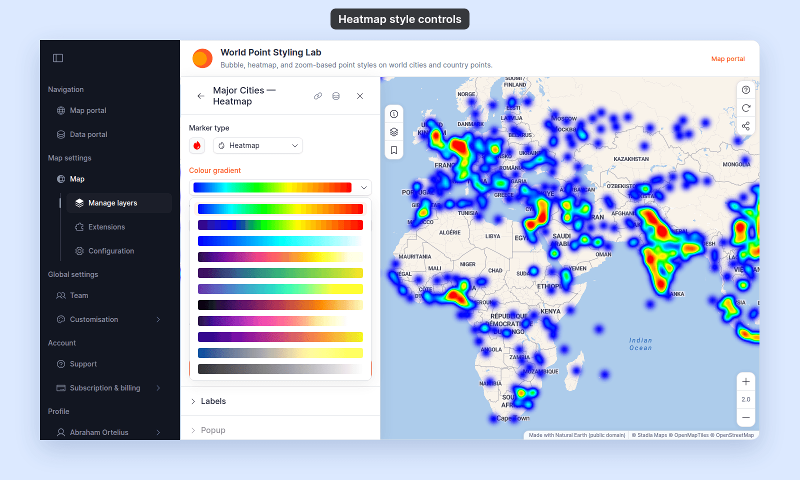 Colour gradient list open on the Major Cities — Heatmap layer, showing gradient swatches with no names, from the blue-to-red Hot gradient at the top to a grey gradient