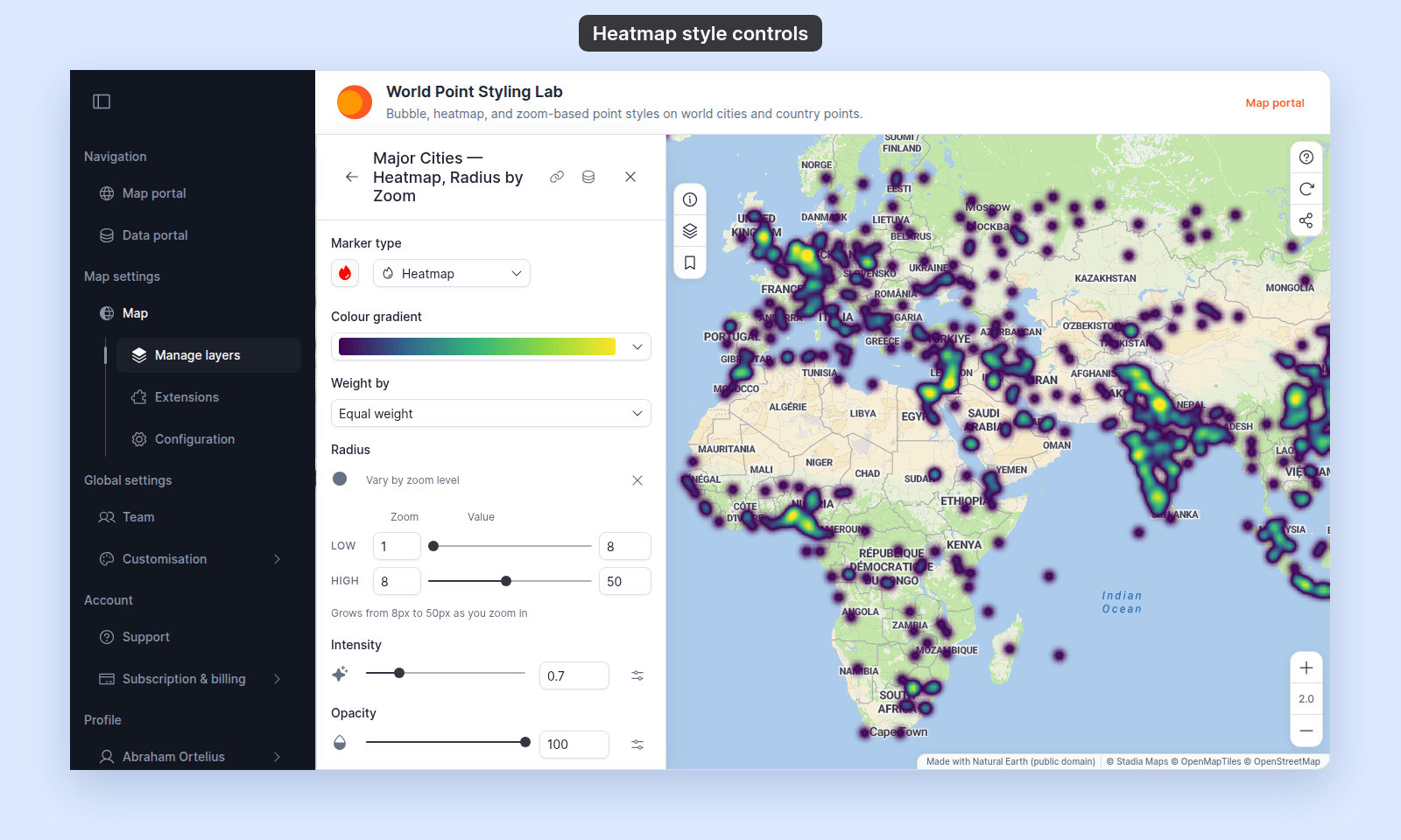 Heatmap controls of the Major Cities — Heatmap, Radius by Zoom layer: Colour gradient set to Viridis, Weight by Equal weight, Radius as a zoom range from 8 px at zoom 1 to 50 px at zoom 8, Intensity 0.7, and Opacity 100