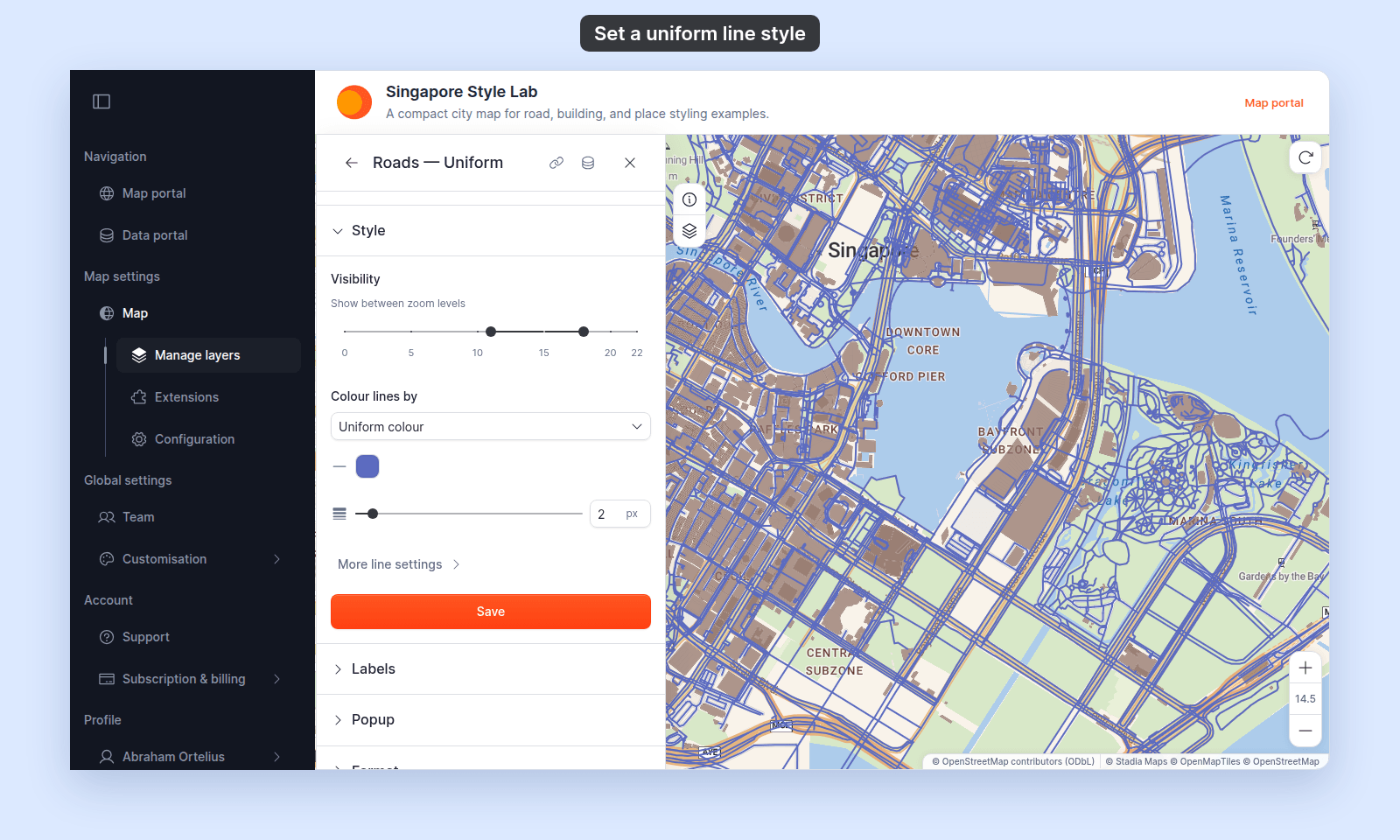 Style section of the Roads — Uniform layer with Colour lines by set to Uniform colour, a blue colour swatch, the line width slider at 2 px, More line settings closed, and the Save button