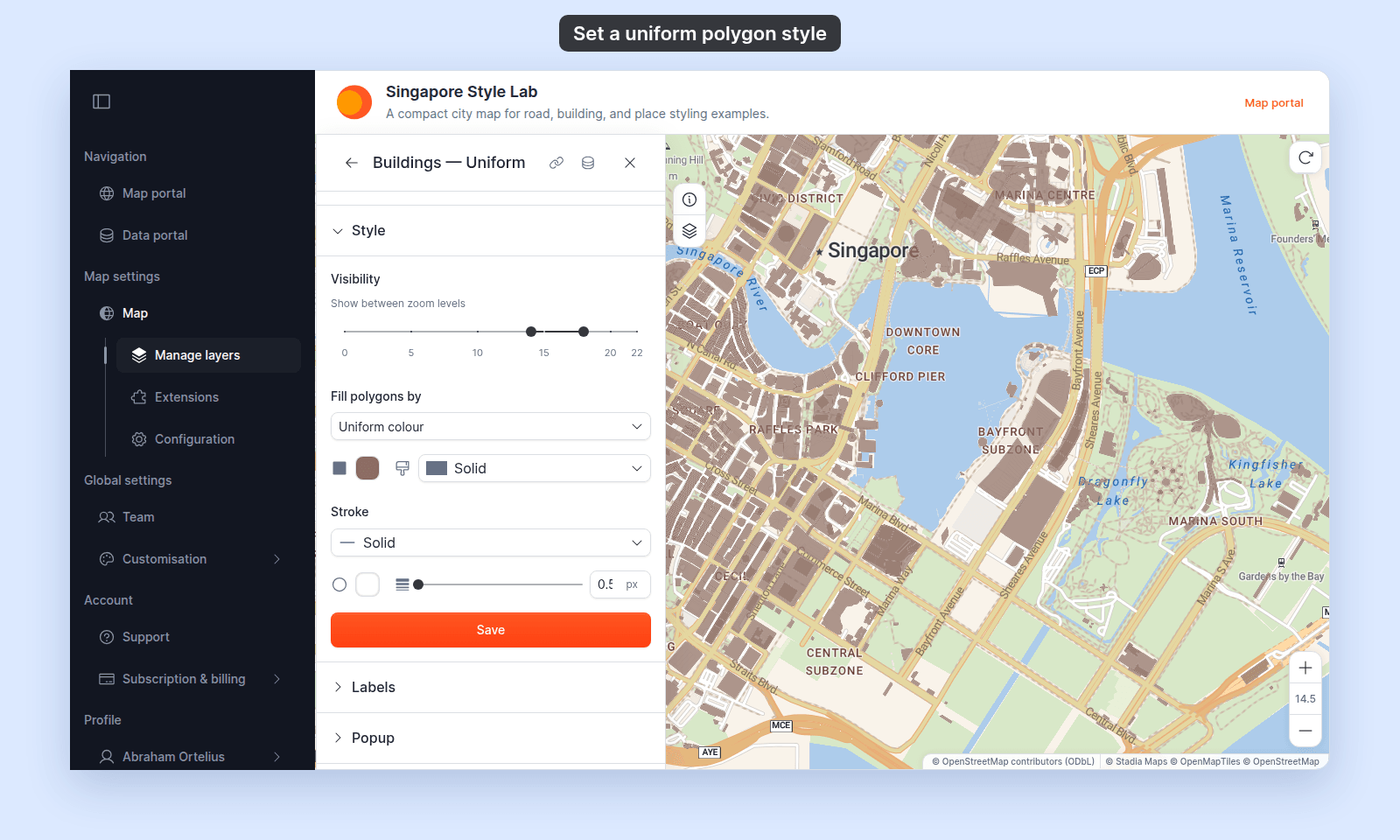 Style section of a polygon layer with Fill polygons by set to Uniform colour, the fill colour swatch, the brush icon and the fill pattern dropdown set to Solid, Stroke set to Solid with the stroke colour swatch and the stroke width slider, and the Save button